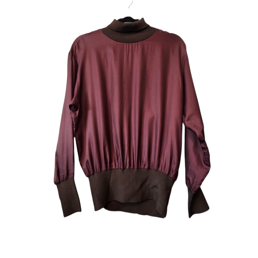 Vintage 80s Mila Schon Italy Turtleneck Silk Blouse Womens LG XL Wine Brown‎